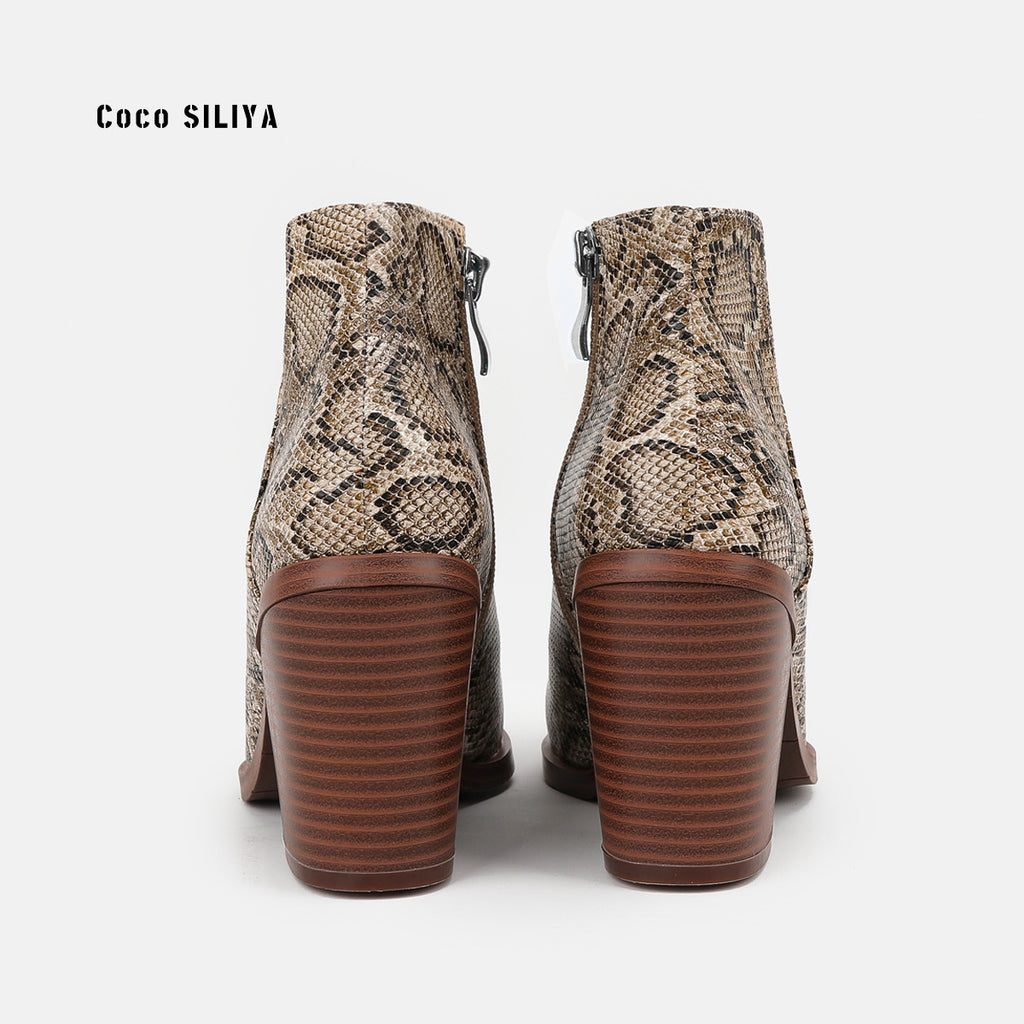 Women's Snakeskin Leather Boots New Ankle Boots Thick Heel Pointy Big Short Boots
