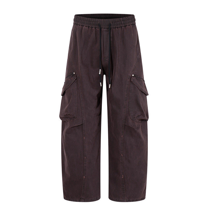 Retro Street Style Side Large Pocket Loose Wide Leg Cargo Denim Pants Unisex Hip Hop Urban Personality Long Pants