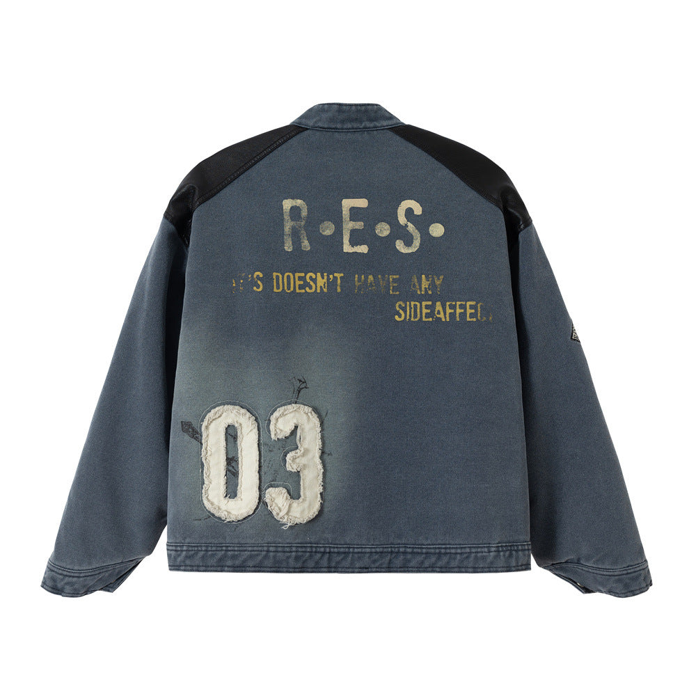 Urban Street Style Men's Cotton Coat with Distressed Stand Collar, Patchwork Design, Casual Loose Fit, Trendy Men's Outerwear