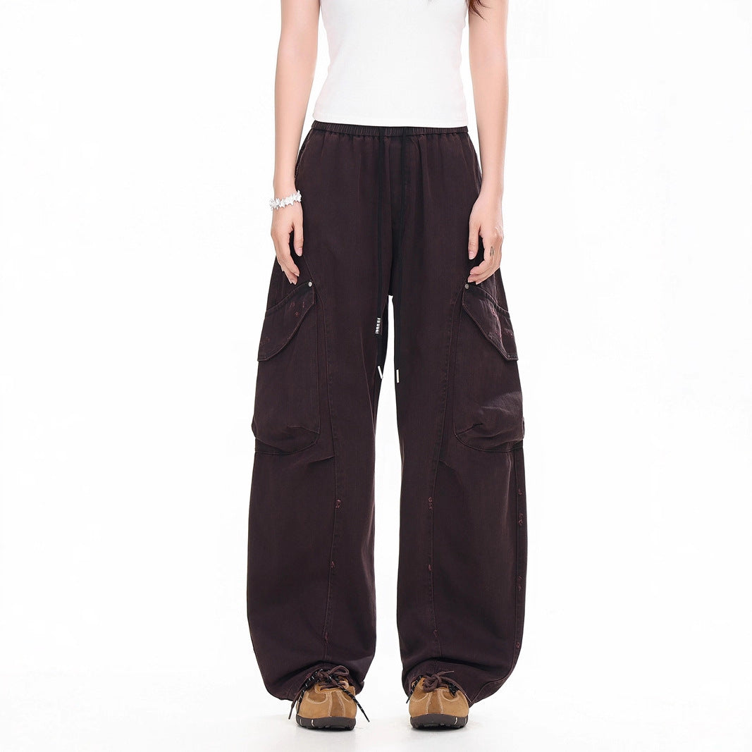 Retro Street Style Side Large Pocket Loose Wide Leg Cargo Denim Pants Unisex Hip Hop Urban Personality Long Pants