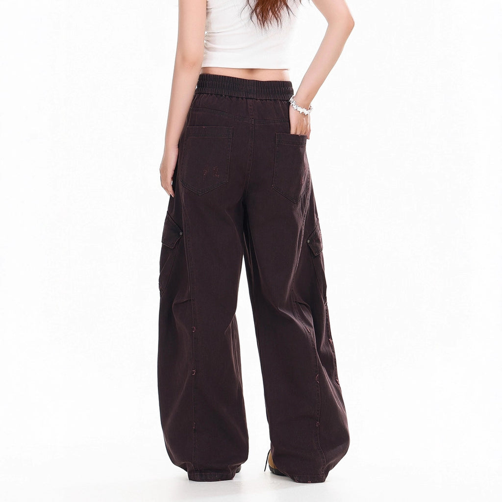Retro Street Style Side Large Pocket Loose Wide Leg Cargo Denim Pants Unisex Hip Hop Urban Personality Long Pants
