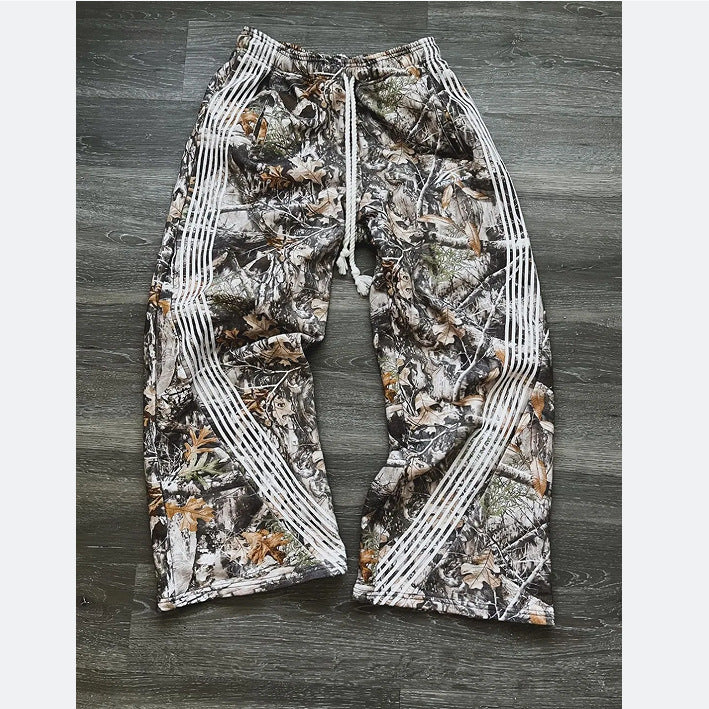 Urban Streetwear Hip-Hop Leaf Camouflage Print Functional Oversized Striped Wide-Leg Pants Loose Casual Trousers