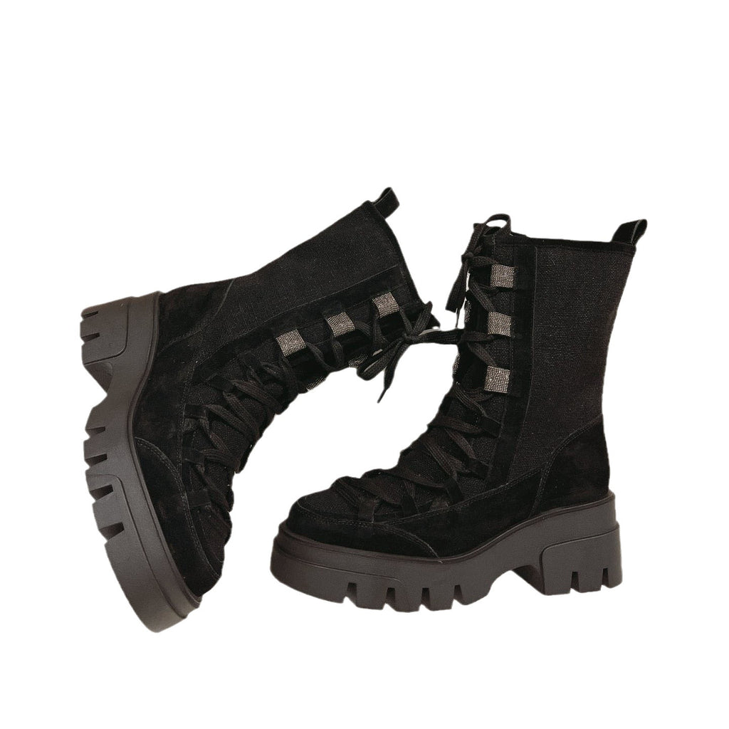 Classic Lace up Middle Boots Women Rubber Anti Slip suede Ankle Booties Woman Autumn Fashion Platform Boots Female Winter Boots
