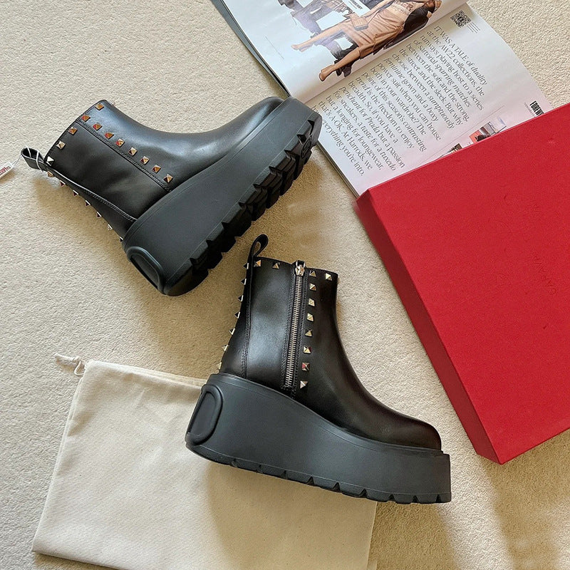 Thick Sole Platform Fashion Rivet Boots Women Height increasing Chelsea Ankle Boots Real Leather Wedge Heels Runway Punk Boots