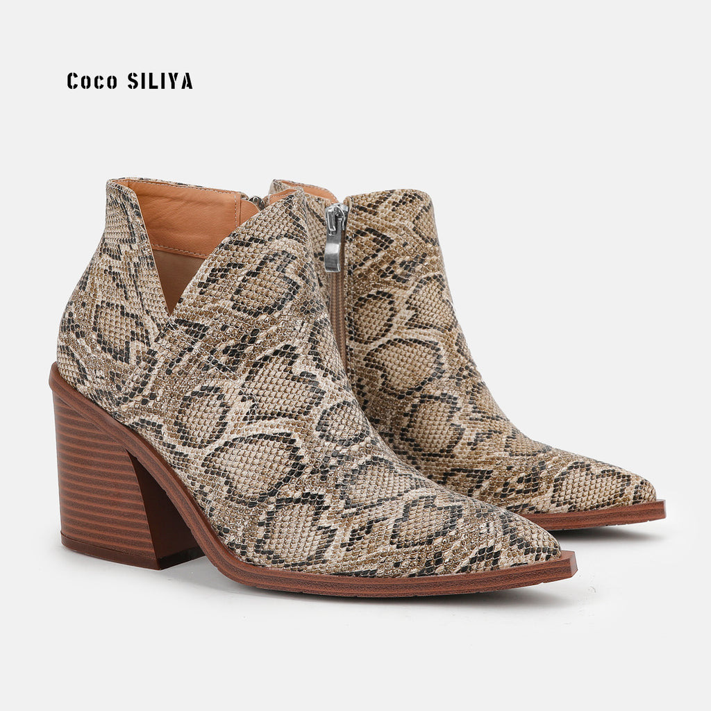 Women's Snakeskin Leather Boots New Ankle Boots Thick Heel Pointy Big Short Boots
