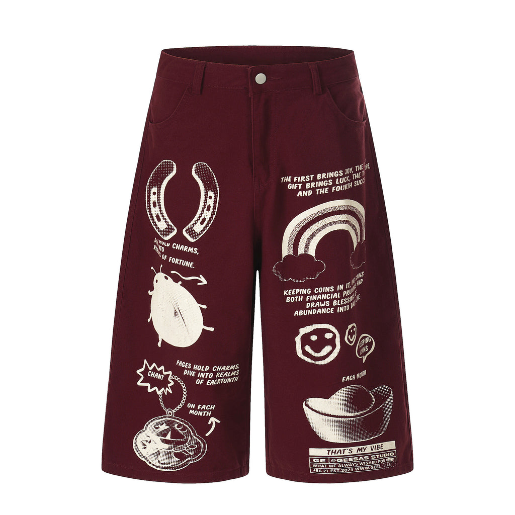 Graffiti Print Wide-Leg Denim Shorts Lucky Charm Element Unisex Loose Casual Mid-Length Pants