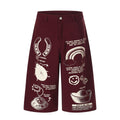 Graffiti Print Wide-Leg Denim Shorts Lucky Charm Element Unisex Loose Casual Mid-Length Pants