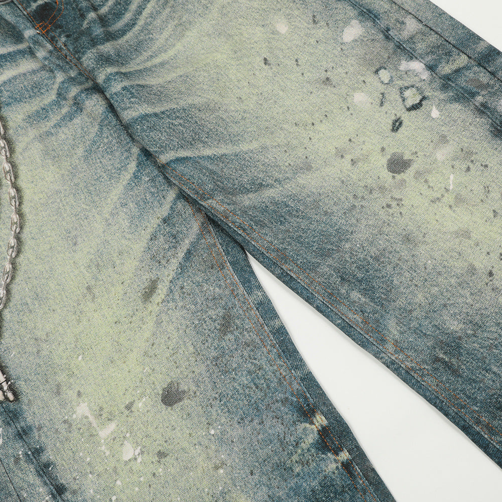Hip hop punk chain pendant printed jeans