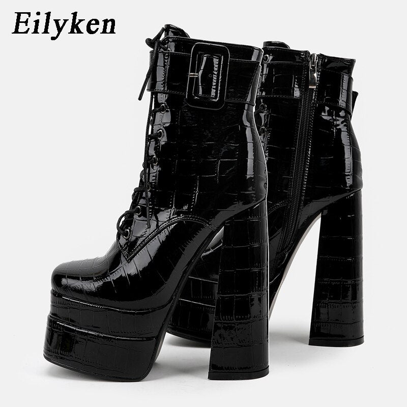 New super high heel square head large women's leather boots with strap and thick heel short boots double waterproof platform boots