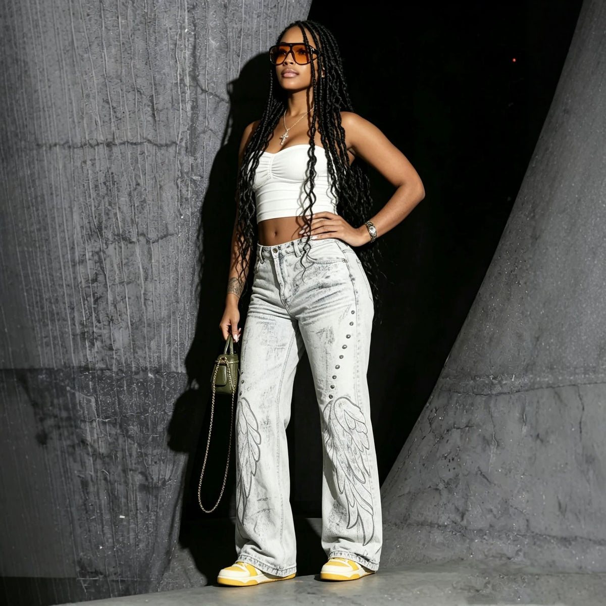 Punk Distressed Wings Applique Denim Pants