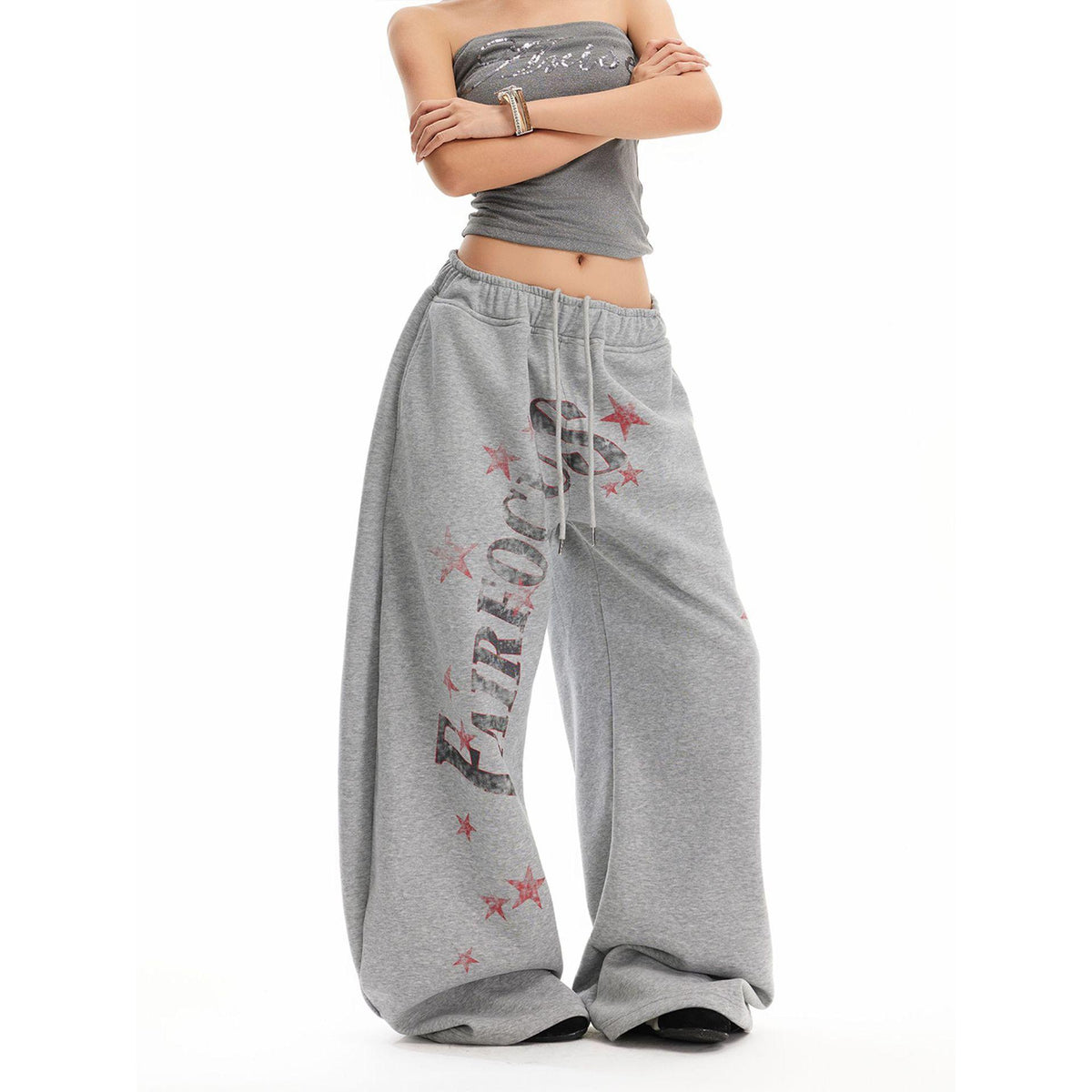 Urban Vintage Letter Star Print Sweatpants Casual Loose Straight Leg Wide Leg Elastic Waist Track Pants
