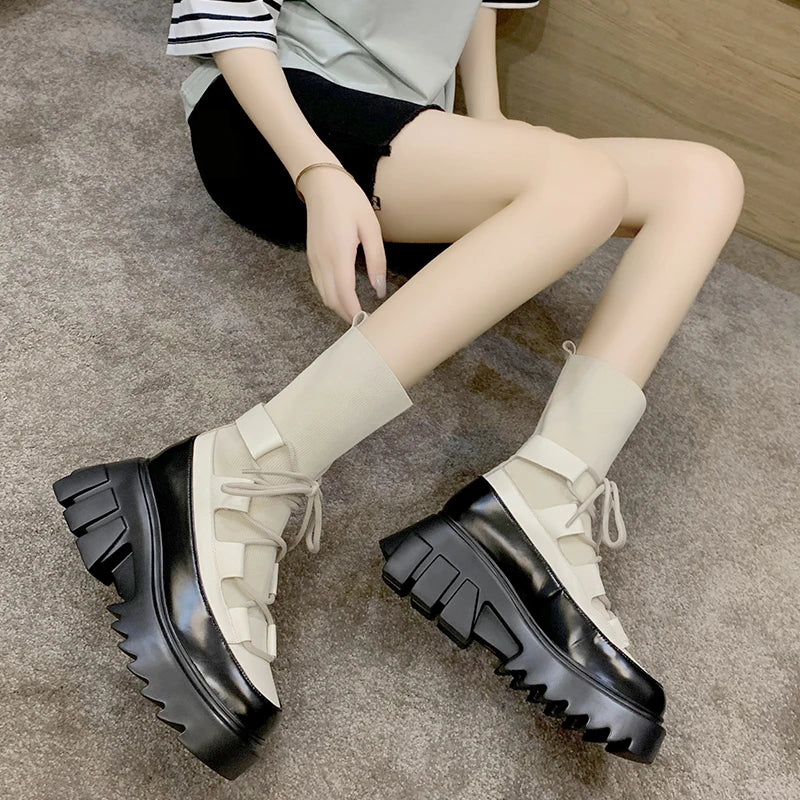 Ladies Casual Stretch Fabric Socks Boots Fashion Cross-tied Women Shoes Platform Boots Gothic Women Boots Woman