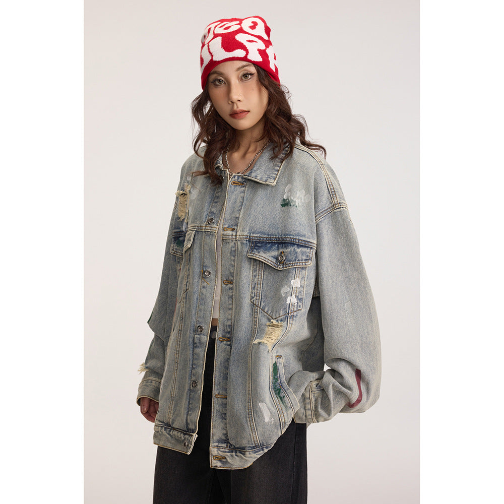 Ripped Paint-Style Denim Jacket for Women, Urban Streetwear Casual Outerwear