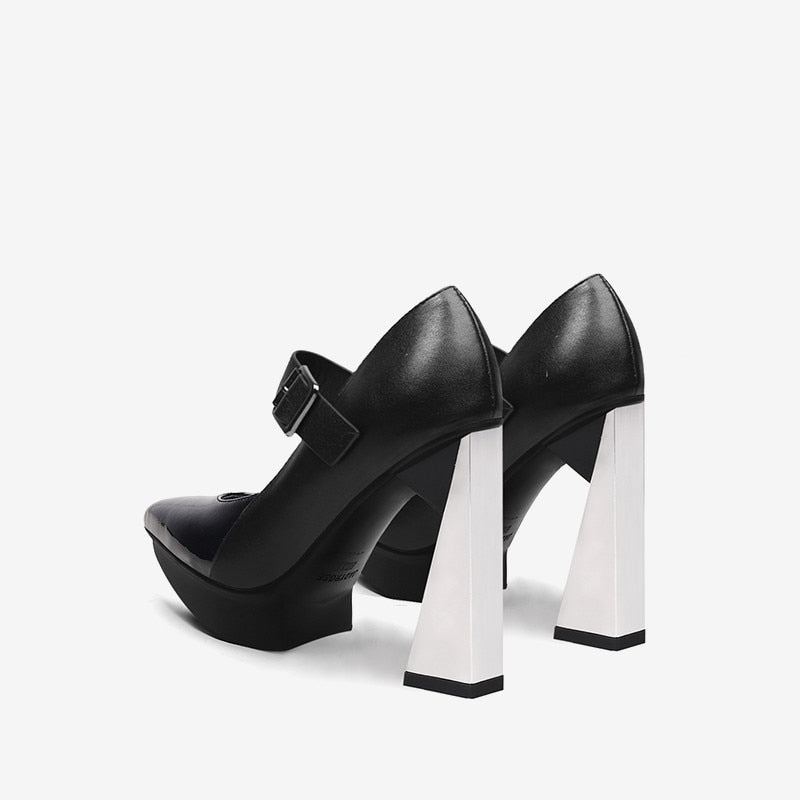 New Platform Women Shallow Pumps Pointed Toe Blue Mixed Black Leather High Heels Chic Mary Jeans Strap Party Stilettos