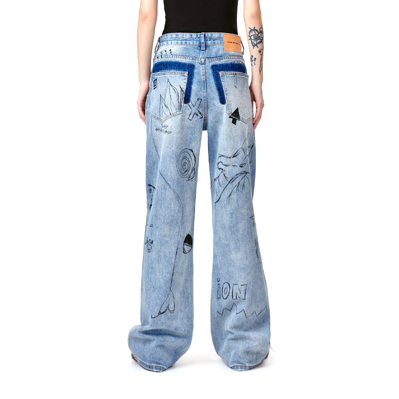 Graffiti Fun Niche Print Washed Distressed Denim Trousers