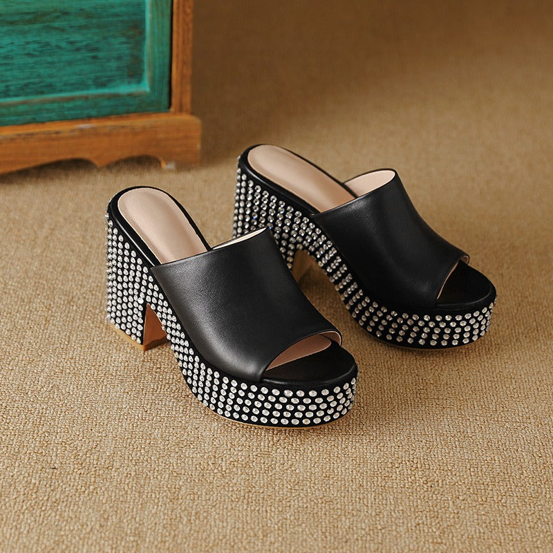 Summer New Waterproof Platform Thick Sole High Heels Shoes Thick Heels Fish Mouth Fashion Shoe Toe Layer Cowhide Water