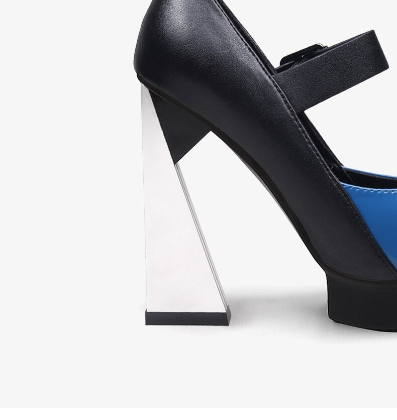 New Platform Women Shallow Pumps Pointed Toe Blue Mixed Black Leather High Heels Chic Mary Jeans Strap Party Stilettos