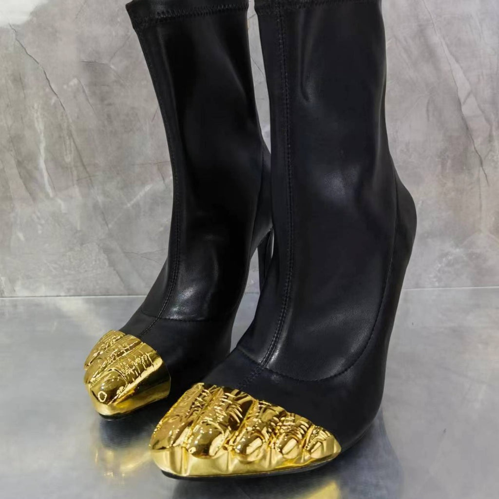 Women's boots, elastic boots, short boots, fashionable gold thumb toe, high-heeled slippers, versatile temperament, slim heels