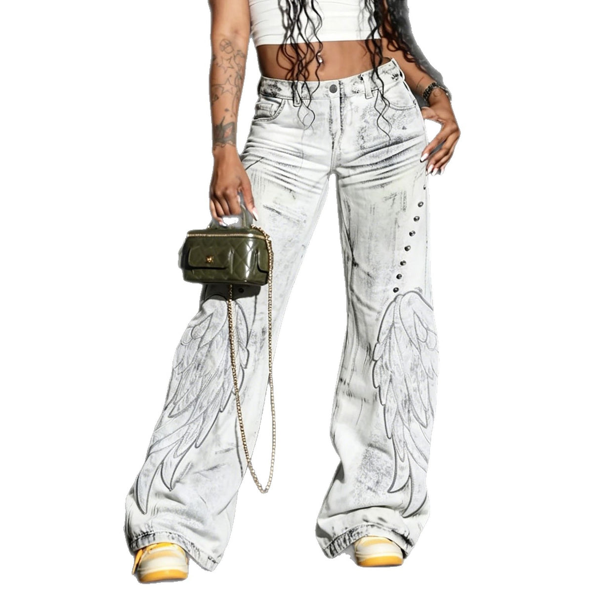 Punk Distressed Wings Applique Denim Pants