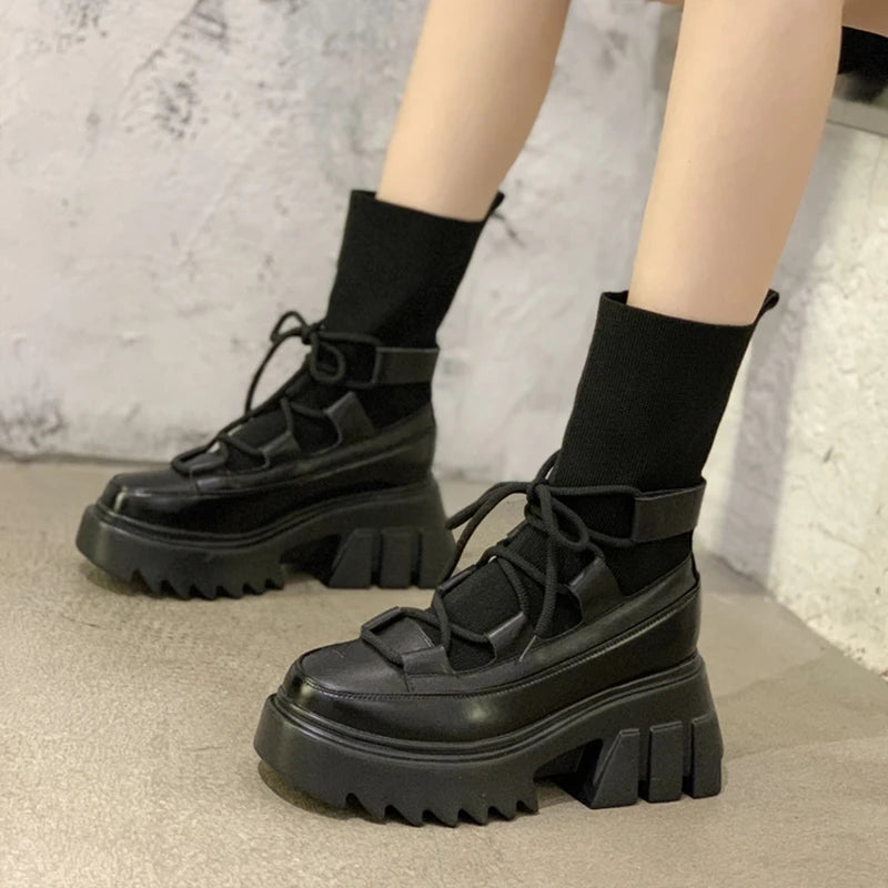 Ladies Casual Stretch Fabric Socks Boots Fashion Cross-tied Women Shoes Platform Boots Gothic Women Boots Woman