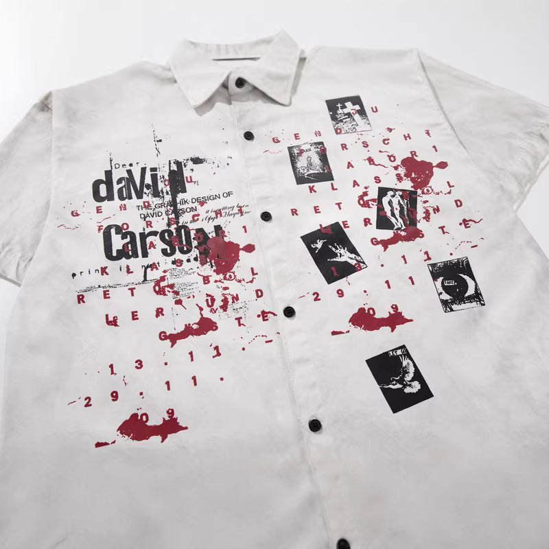 Street Style Retro Graffiti Print Design Cotton Short Sleeve Shirt