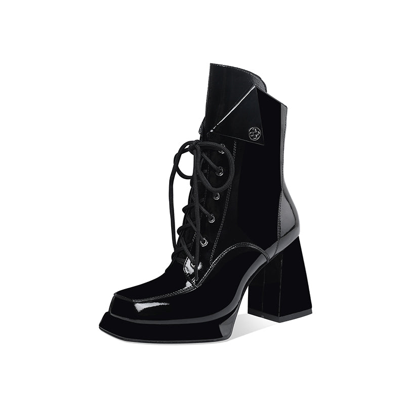 Patent Leather Thick Heel Martin Boots Women's 9cm Spring And Autumn Single Boots Waterproof Platform High-Heeled Ankle Boots