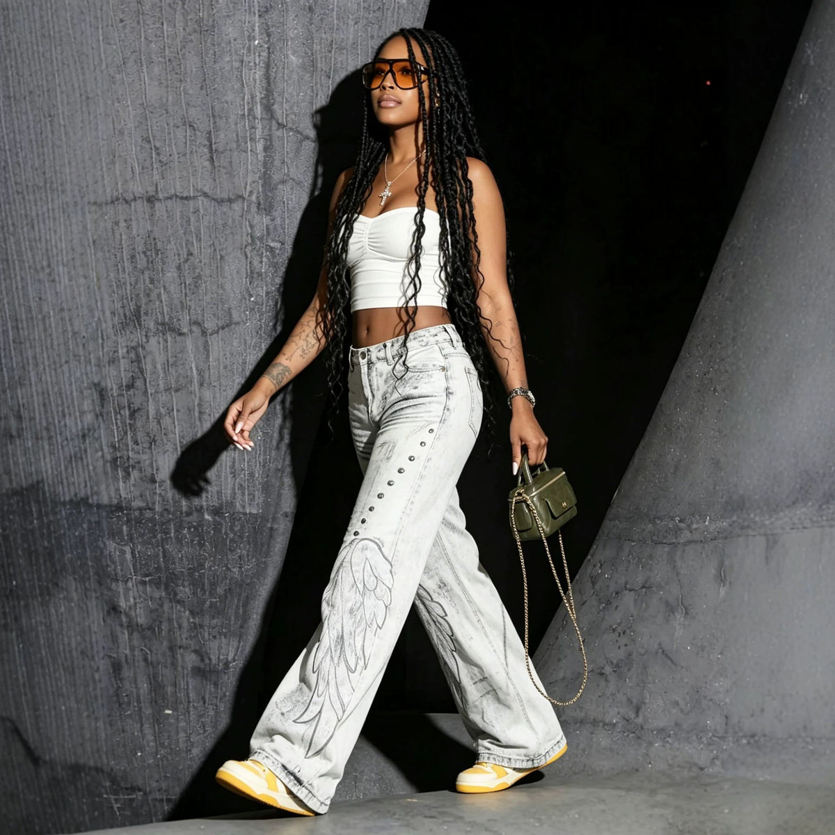 Punk Distressed Wings Applique Denim Pants
