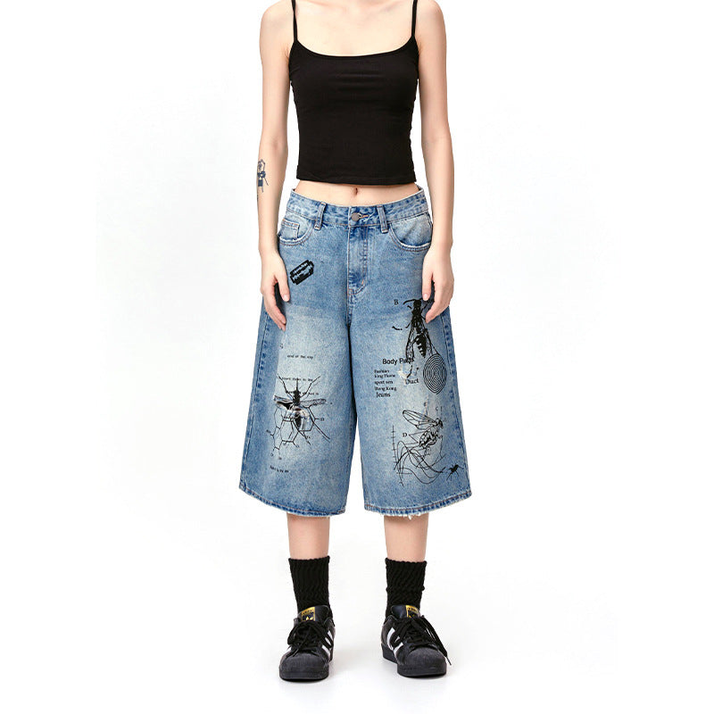 Street Graffiti Print Destroyed Hole Seven-Quarter Denim Shorts for Men