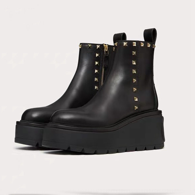 Thick Sole Platform Fashion Rivet Boots Women Height increasing Chelsea Ankle Boots Real Leather Wedge Heels Runway Punk Boots