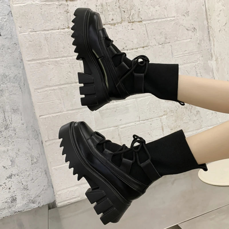 Ladies Casual Stretch Fabric Socks Boots Fashion Cross-tied Women Shoes Platform Boots Gothic Women Boots Woman