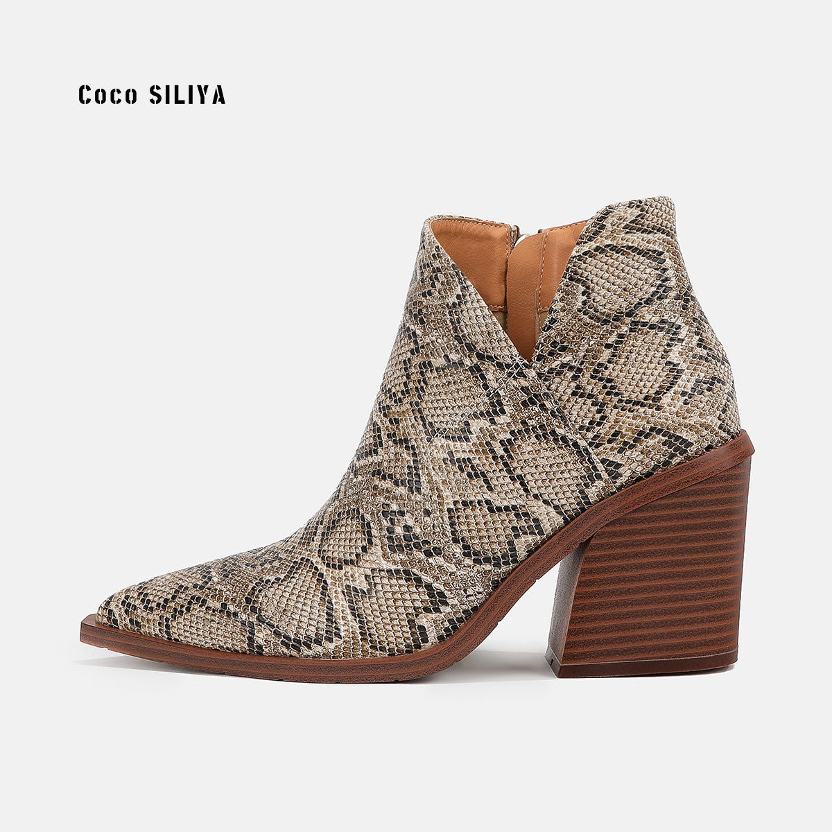 Women's Snakeskin Leather Boots New Ankle Boots Thick Heel Pointy Big Short Boots