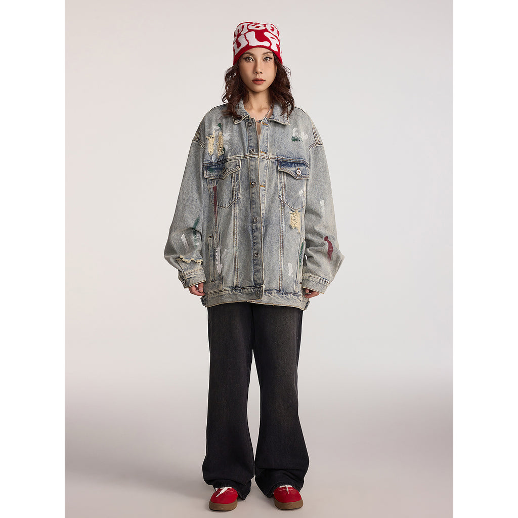 Ripped Paint-Style Denim Jacket for Women, Urban Streetwear Casual Outerwear