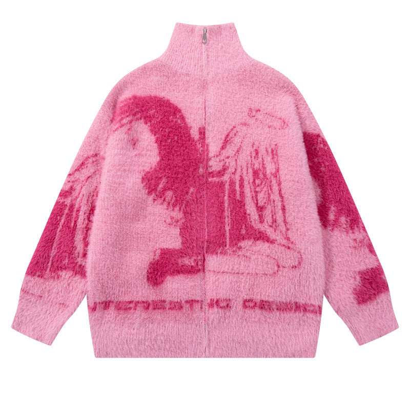 Streetwear Urban Style Angel Girl Floral Open Front Knit Sweater Loose Knit Cardigan Coat Autumn Winter Season