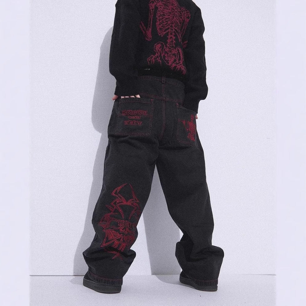 Retro hip-hop goth straight leg loose wide leg skeleton embroidered washed denim jeans for men