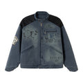 Urban Street Style Men's Cotton Coat with Distressed Stand Collar, Patchwork Design, Casual Loose Fit, Trendy Men's Outerwear