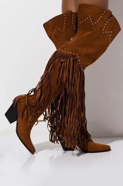New Brown Western Cowboy boots Women Fashion Winter Chunky Heels Overknee Thigh High Boots Pointed Toe Long Women's Autumn Boots