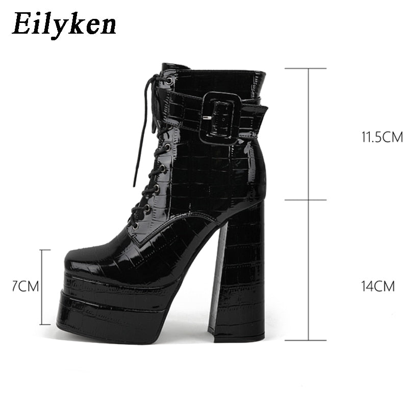 New super high heel square head large women's leather boots with strap and thick heel short boots double waterproof platform boots