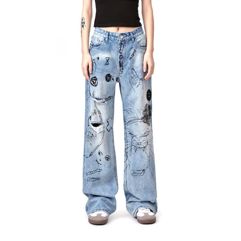 Graffiti Fun Niche Print Washed Distressed Denim Trousers
