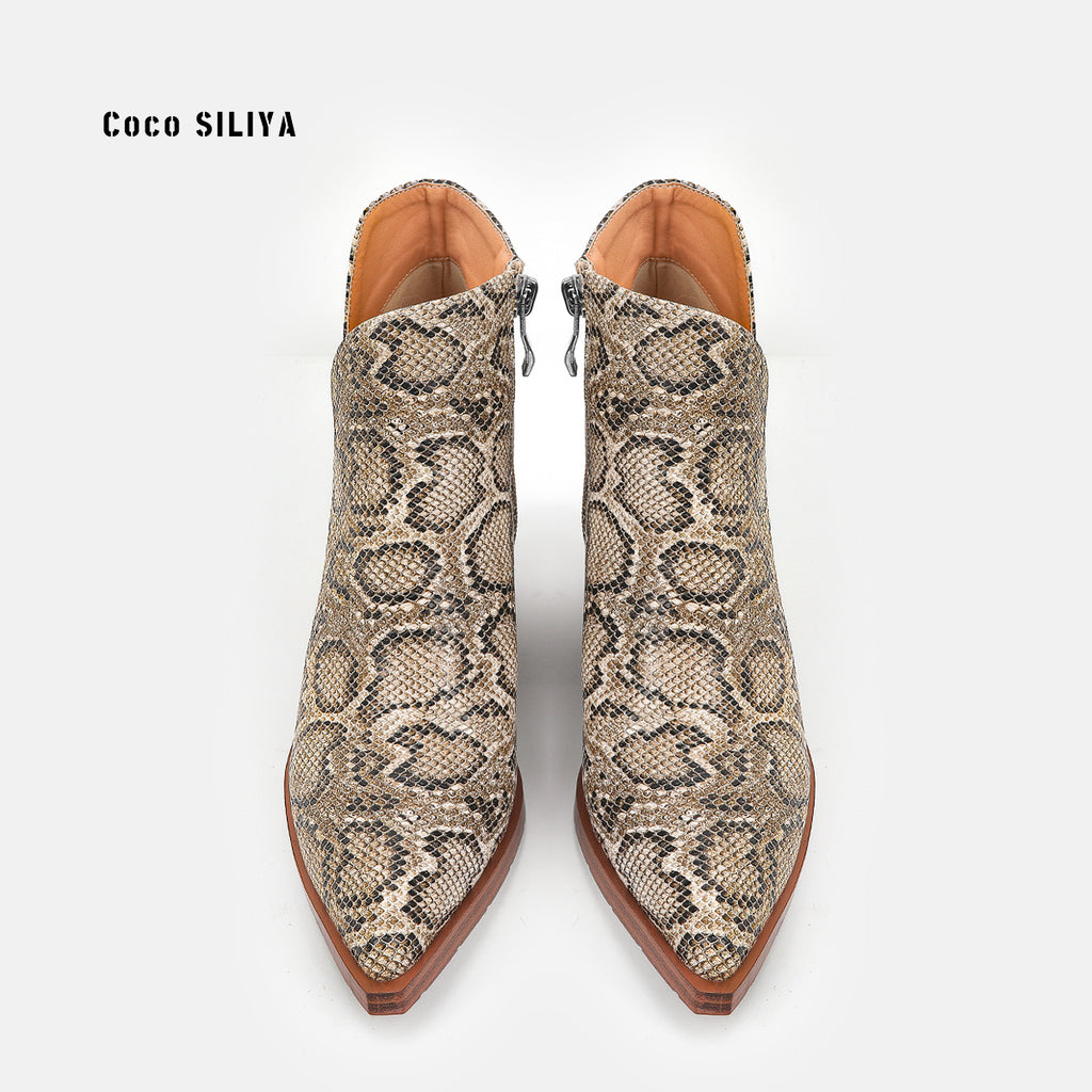 Women's Snakeskin Leather Boots New Ankle Boots Thick Heel Pointy Big Short Boots