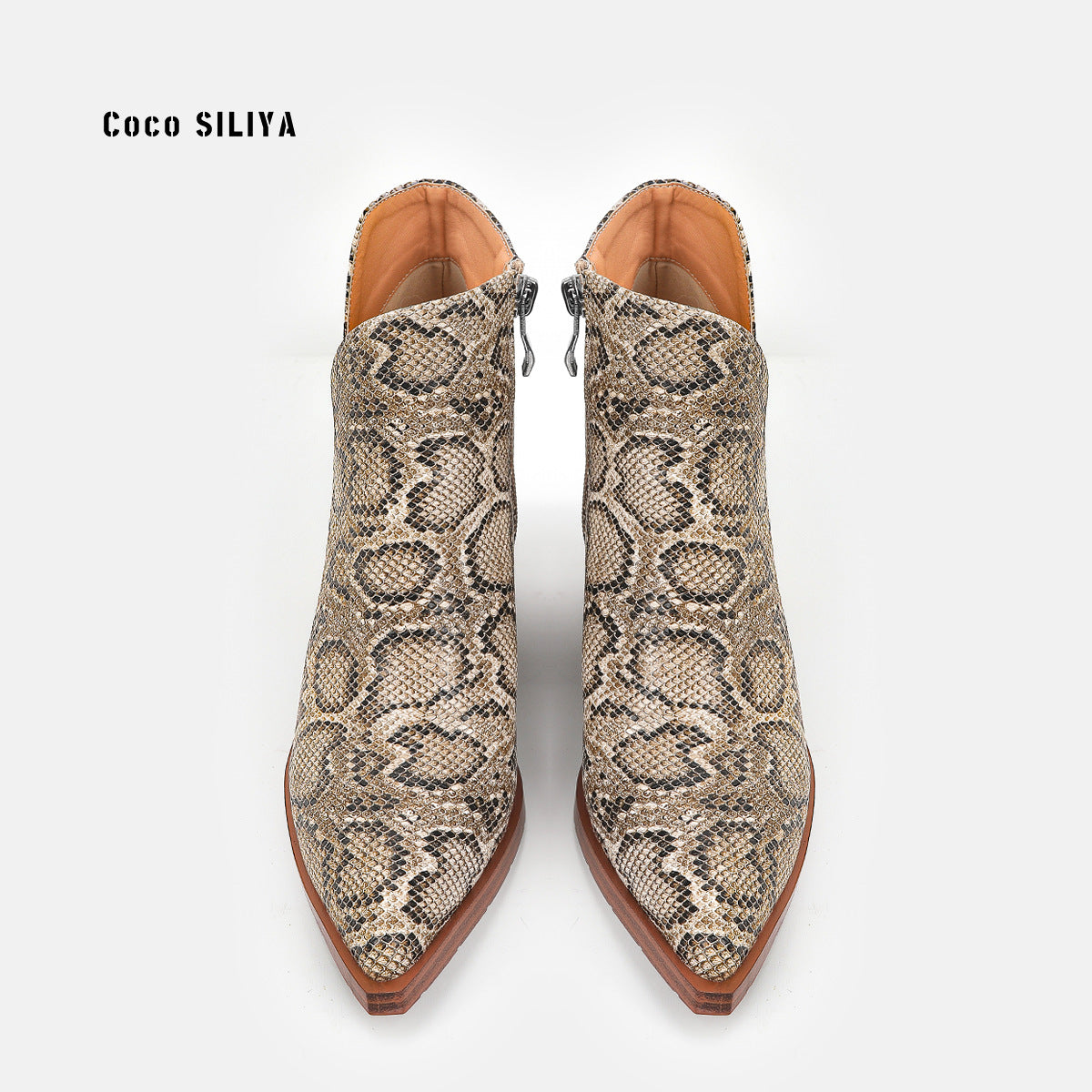 Women's Snakeskin Leather Boots New Ankle Boots Thick Heel Pointy Big Short Boots
