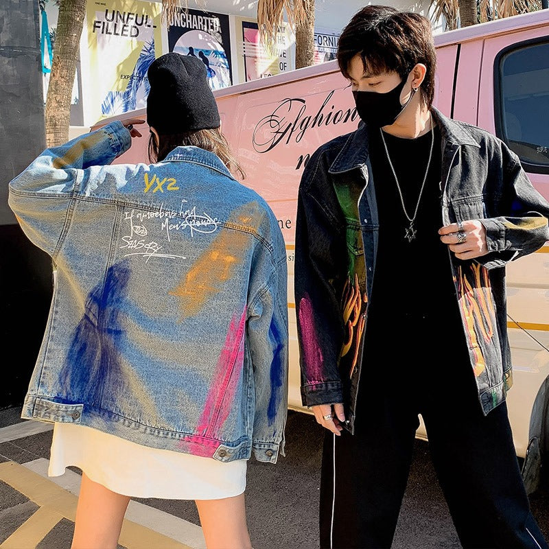 Autumn Harajuku Vintage Hand Painted Graffiti Print Denim Jacket