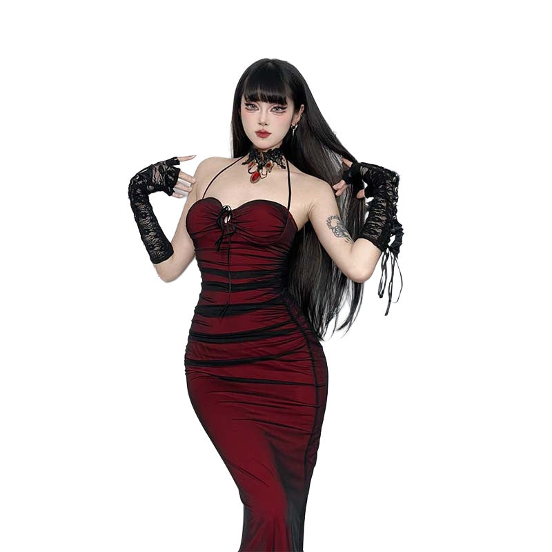 Black Red Goth Mesh Halter Neck Long Dress