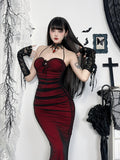 Black Red Goth Mesh Halter Neck Long Dress