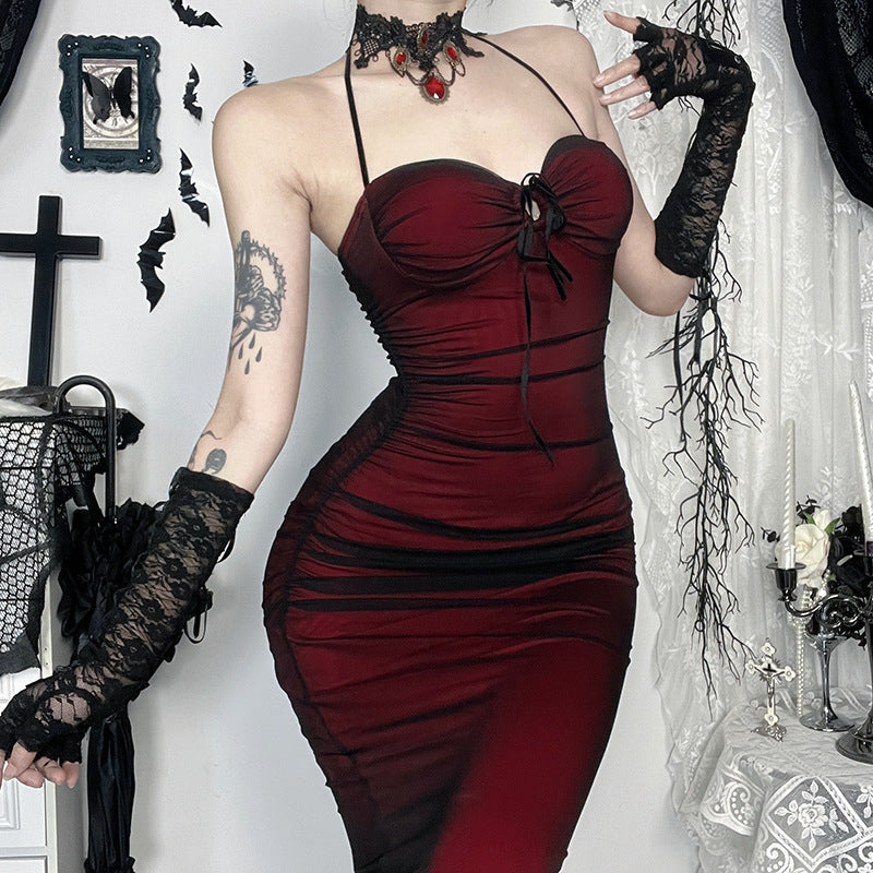 Black Red Goth Mesh Halter Neck Long Dress
